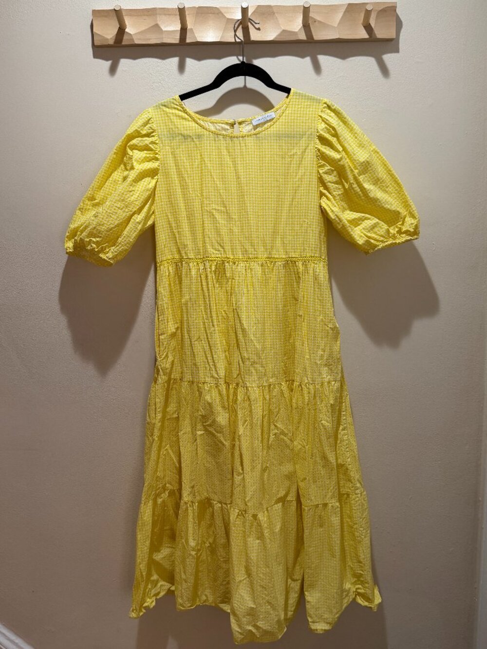 Yellow Gingham Tiered Puff Sleeve Midi Dress with pockets